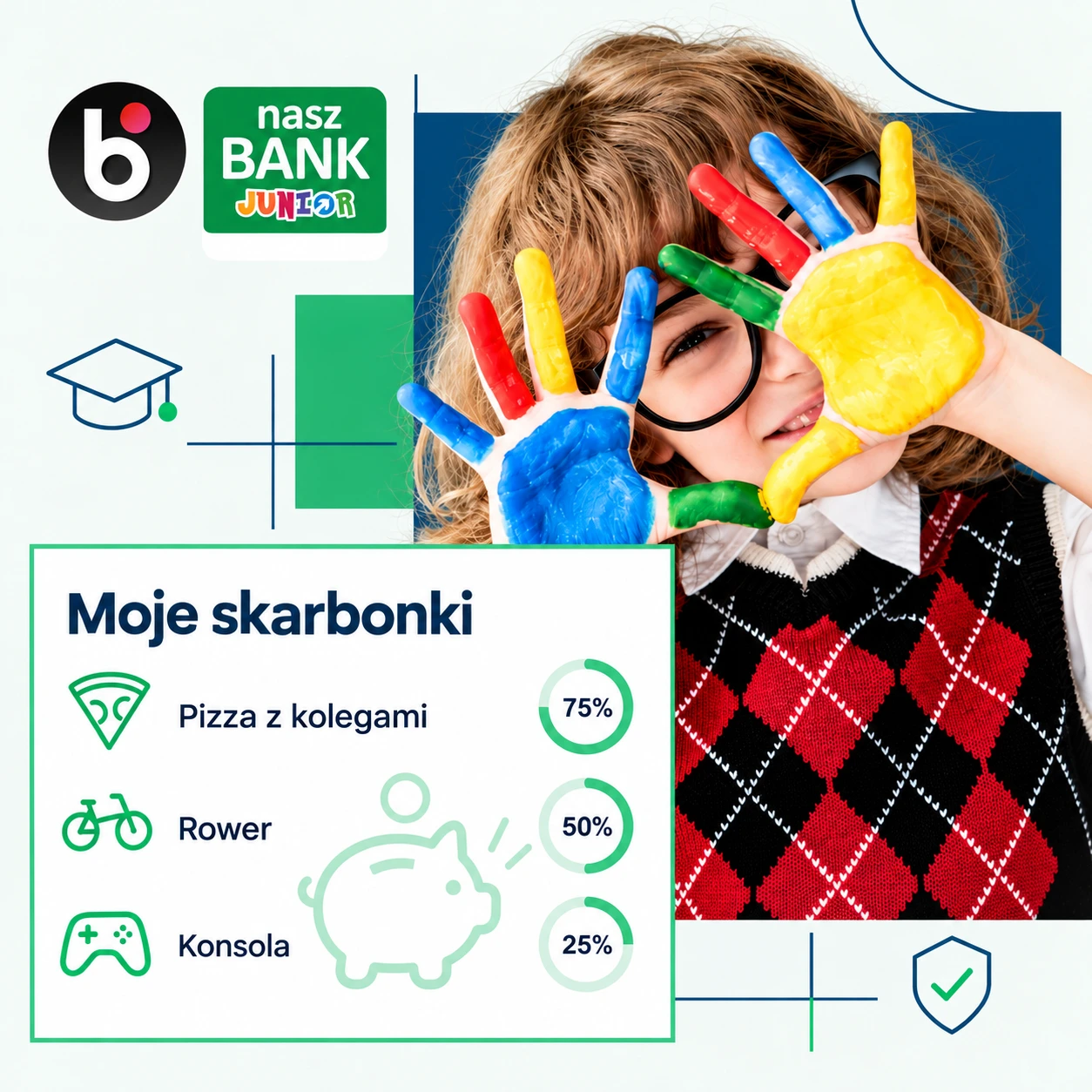 Dziewczynka z kolorowymi dłońmi, znaki BLIK i Nasz Bank Junior oraz przykładowe cele w oknie Moje skarbonki.