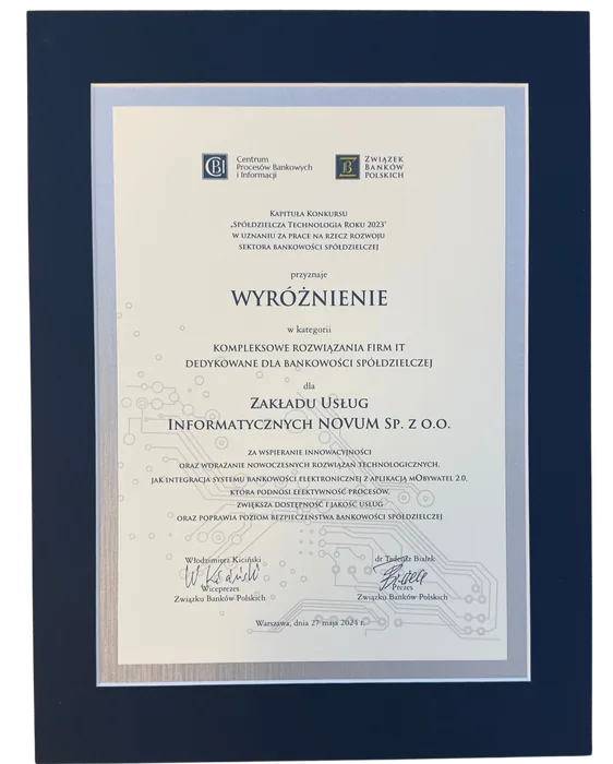 Wyróżnienie za kompleksowe rozwiązania IT dla bankowości spółdzielczej